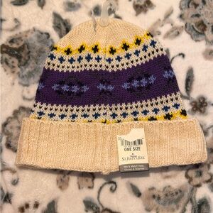 St. John's Bay Kids' Knit Beanie in Cream, Purple, and Yellow
